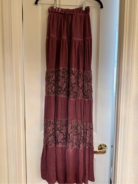 POL Burgundy Lace-Panel Maxi Skirt